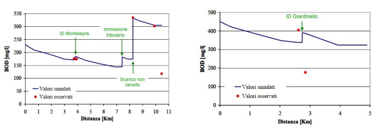 Output modello: BOD, OD, N e P lungo l’asta